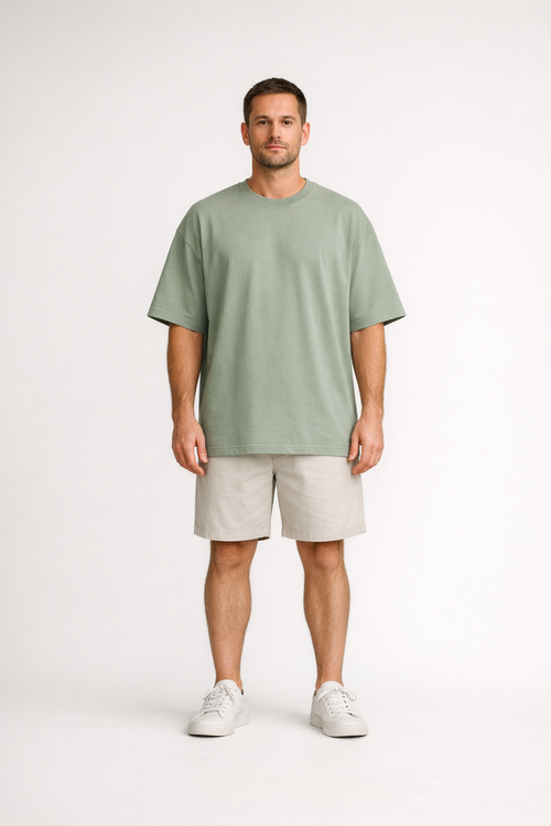 Aster Oversized Tee on model in soft sage