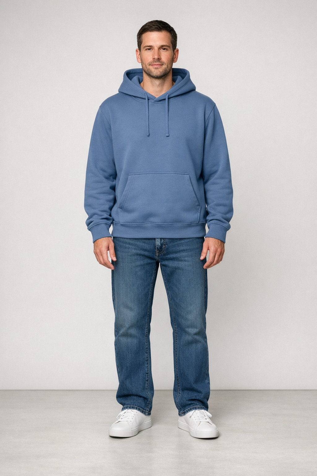 Harbor Pullover Hoodie on model in dusty blue