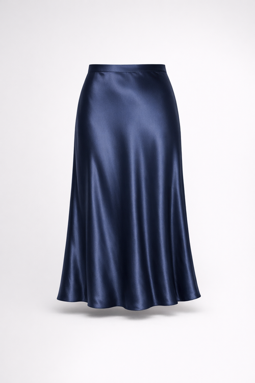 Iris Satin Midi Skirt packshot in midnight navy