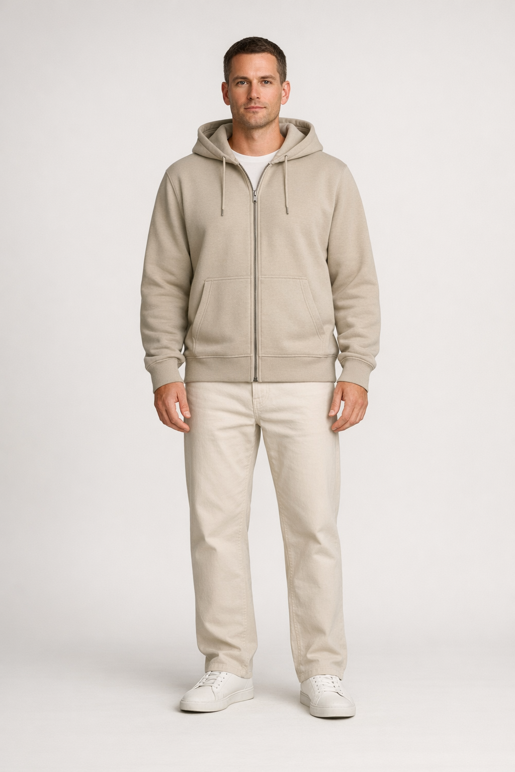 Keene Zip Hoodie on model in stone beige