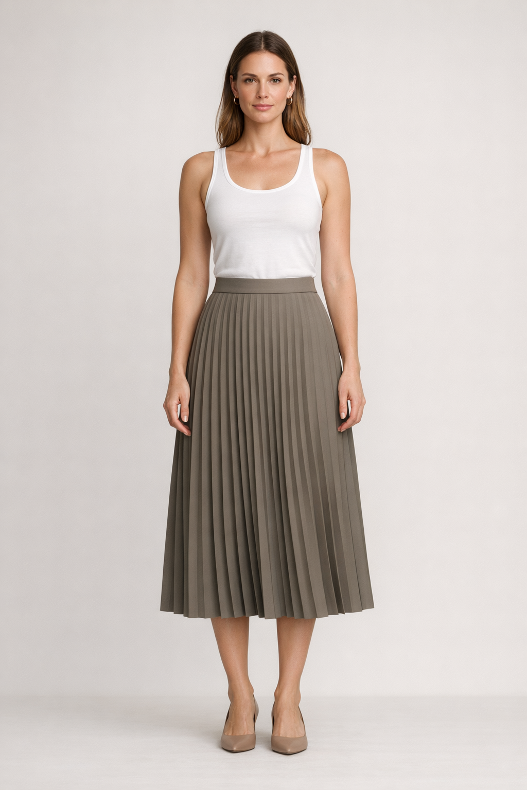 Lina Pleated Skirt on model in olive taupe