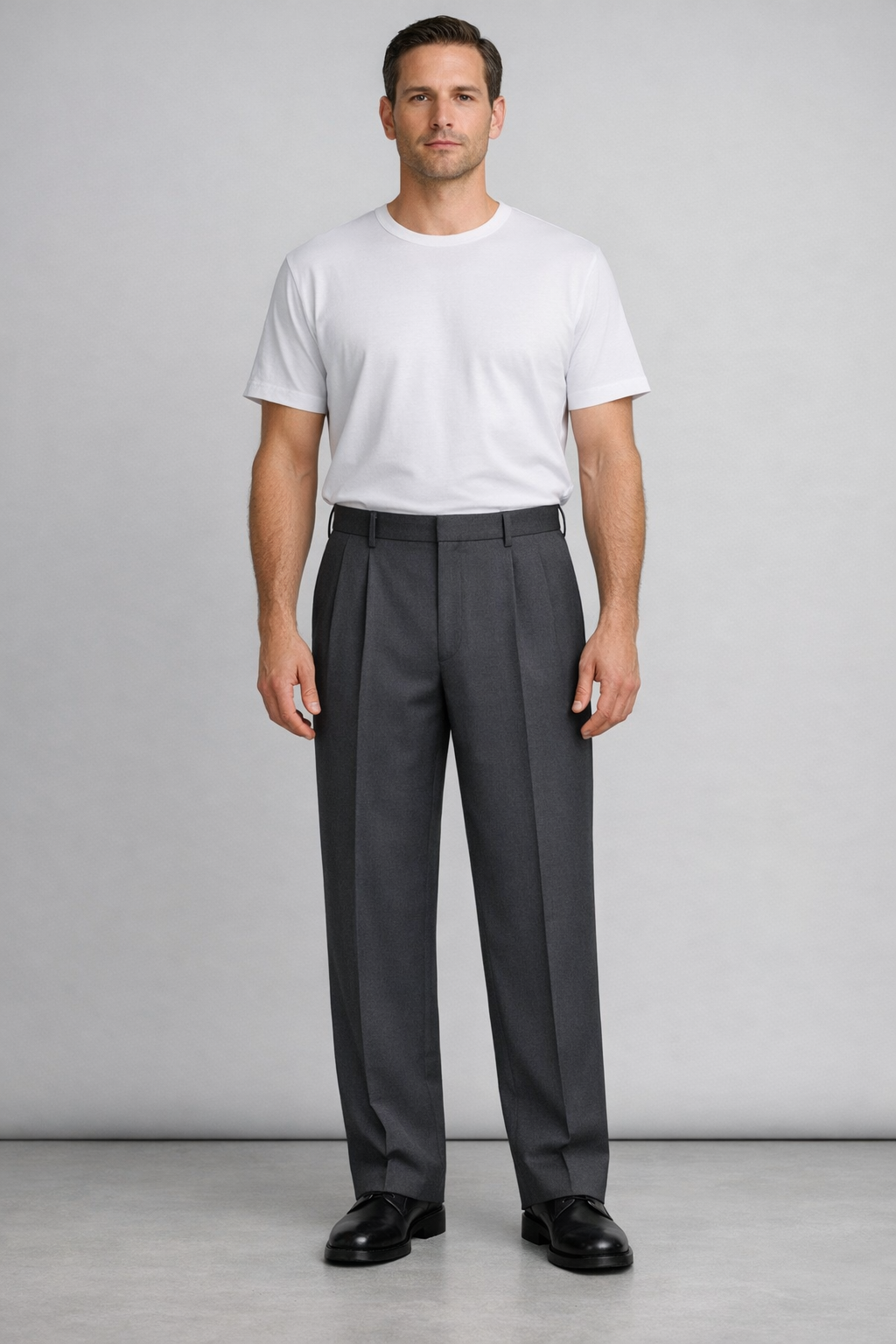 Marlow Pleated Trousers on model in charcoal graphite