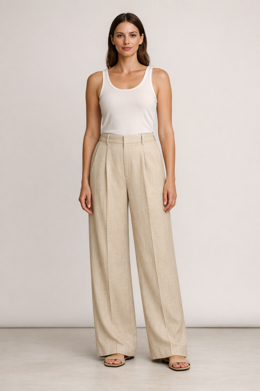 Nori Wide-Leg Pants on model in oatmeal sand