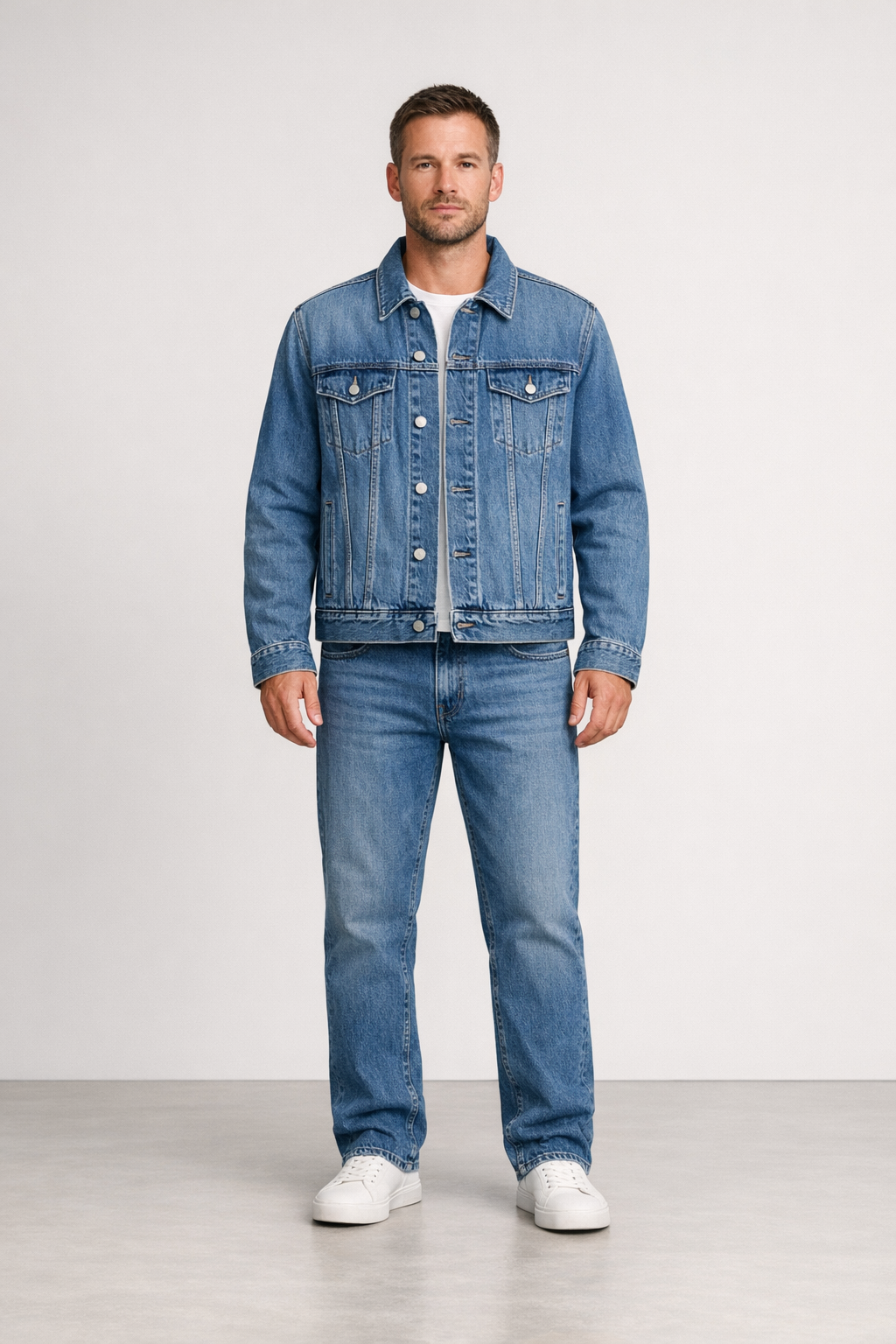 Rowan Denim Jacket on model in washed indigo