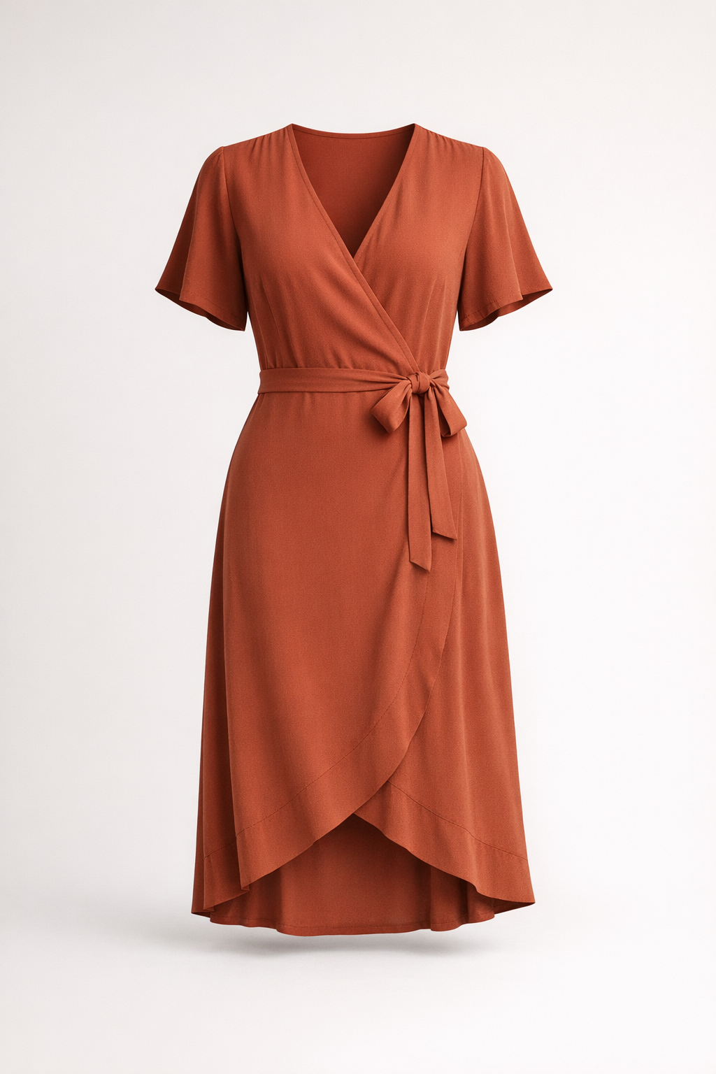 Solenne Wrap Dress packshot in terracotta clay