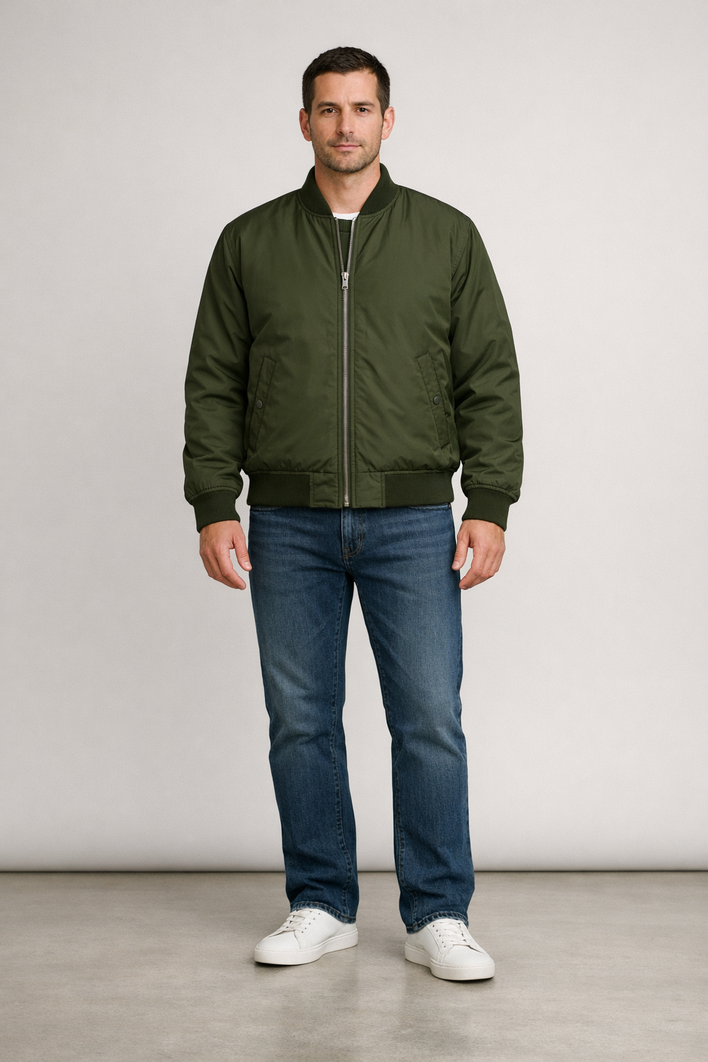 Vale Bomber Jacket on model in deep olive