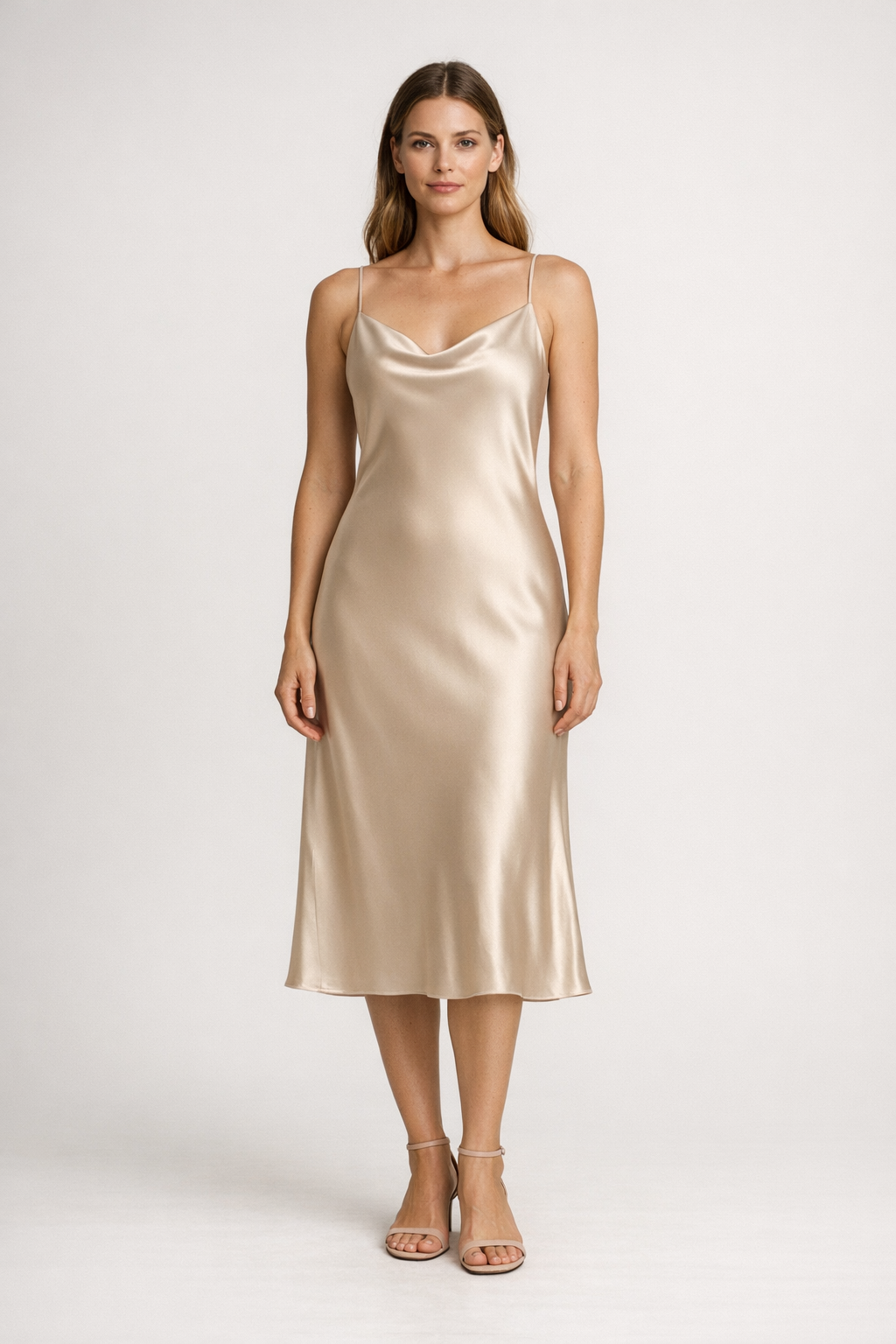 Vela Slip Dress on model in champagne beige